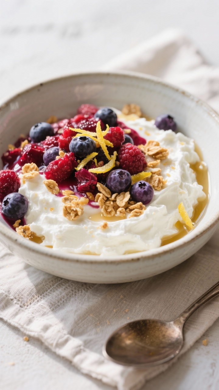 Overhead “tasty top view” bowl: Whipped cottage cheese “Berry Cheesecake” variation spooned 