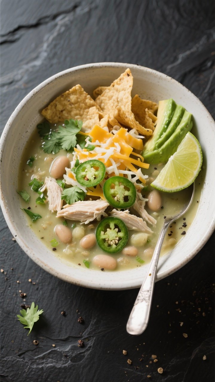 Easy White Chicken Chili Crockpot Recipes That Practically Cook Themselves 2 Overhead “tasty top view”: Final bowl of white chicken chili presented in a wide, off-white cera