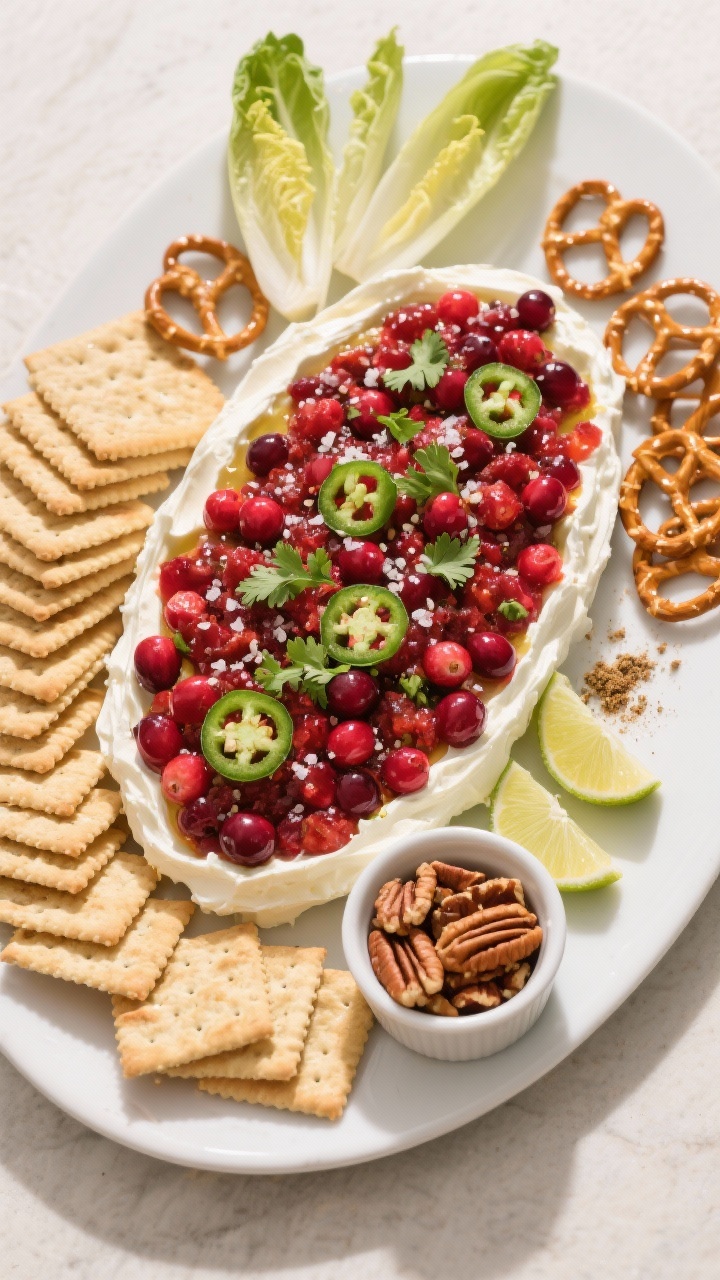 Overhead “tasty top-view” of the final party spread: the vibrant cranberry-jalapeño mixture bla