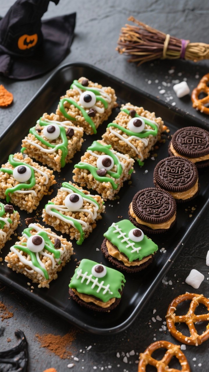 Gluten-Free Easy Halloween Treats That Taste Amazing 2 Tasty top view final platter: Monster Mash Crispy Bars and Franken-Cookie Sandwich Bites together. O