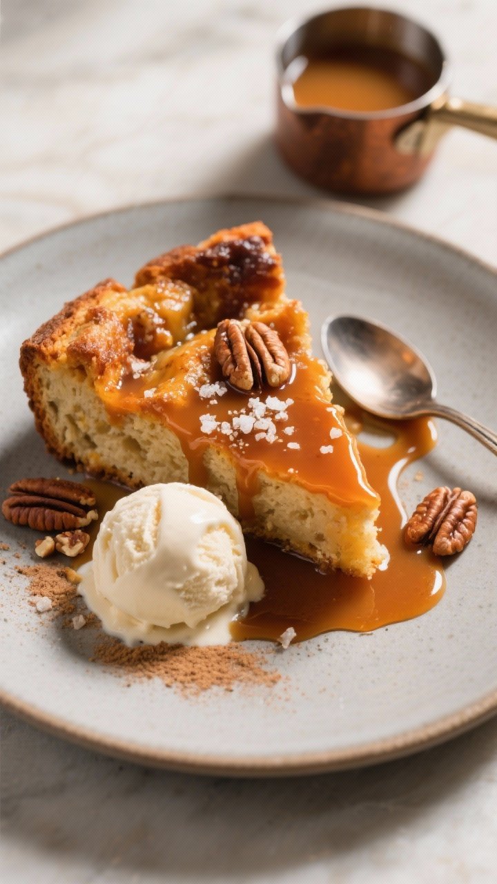 Tasty top view, final presentation: Overhead shot of a plated slice of pumpkin bread pudding on a ma