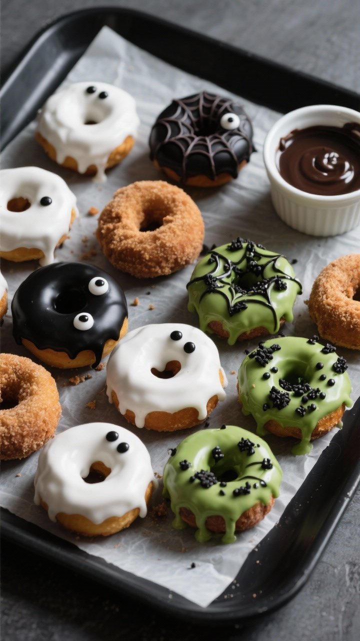 Air Fryer Mini Donut Bites with Spooky Glaze 2 Tasty top view, final presentation: Overhead shot of a mixed platter of mini donut bites on a matte