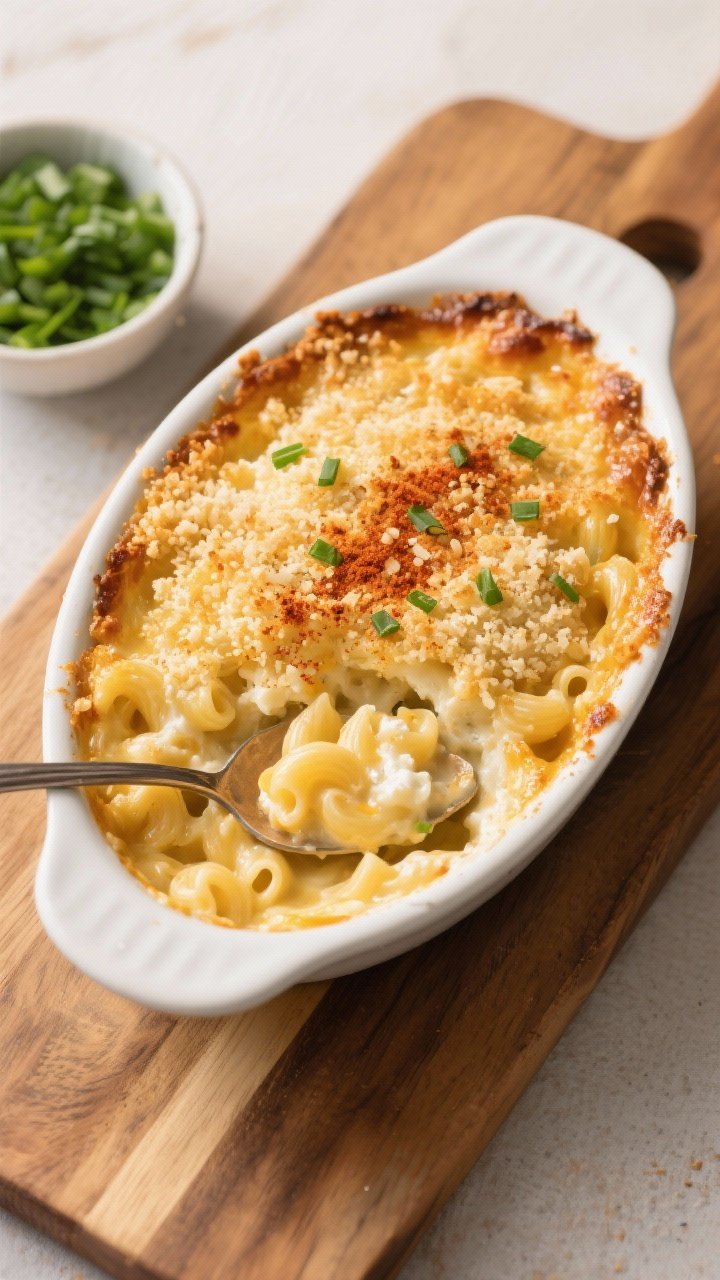 Cottage Cheese Mac and Cheese (High Protein!) That Tastes Like a Cheat Meal 2 Tasty top view: Overhead shot of a golden baked version of cottage cheese mac and cheese in a white