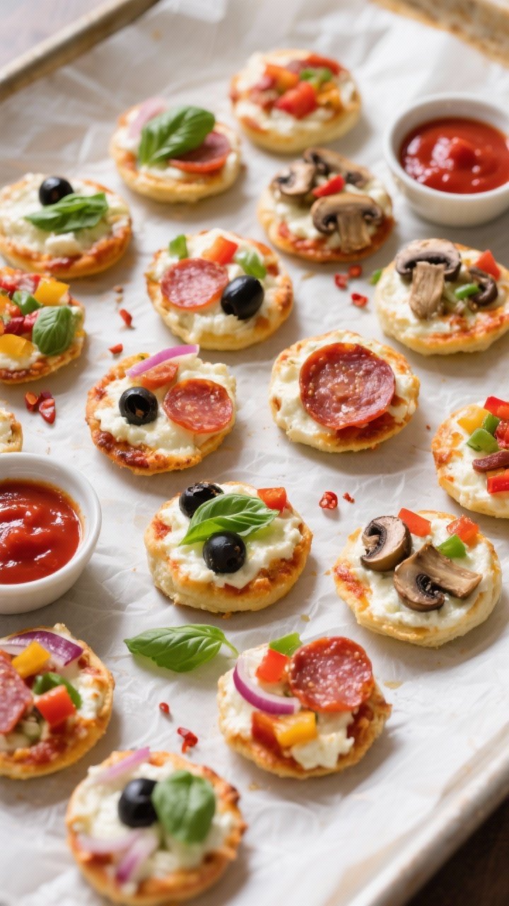 Mini Cottage Cheese Pizza Bites (High Protein, Low Carb) 2 Tasty top view: Overhead shot of an assortment of finished Mini Cottage Cheese Pizza Bites arranged