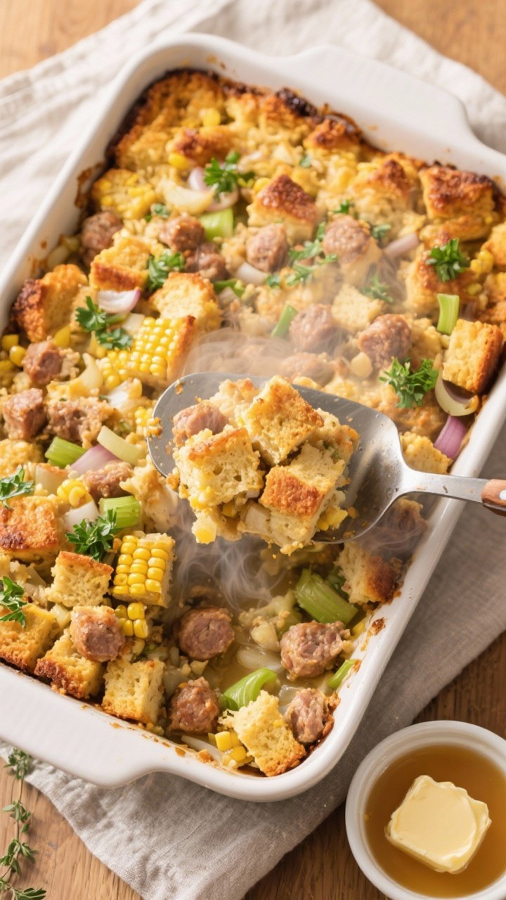 Tasty top view: Overhead shot of cornbread sausage stuffing in a 9x13 baking dish after the cover-un