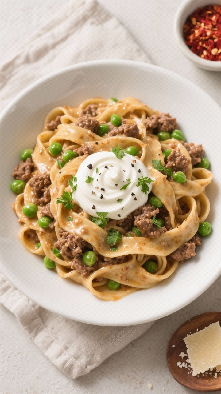 Ground Beef Egg Noodles Recipes That Slap: Cozy, Creamy, and Weeknight-Quick 2 Tasty top view: Overhead shot of creamy ground beef egg noodles tossed in sauce, ribbons of wide egg