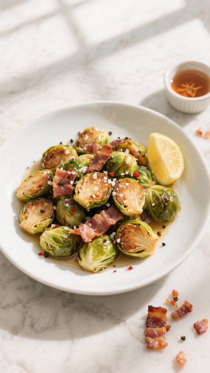 Tasty top view: Overhead shot of the finished Brussels sprouts with bacon plated in a wide, shallow 