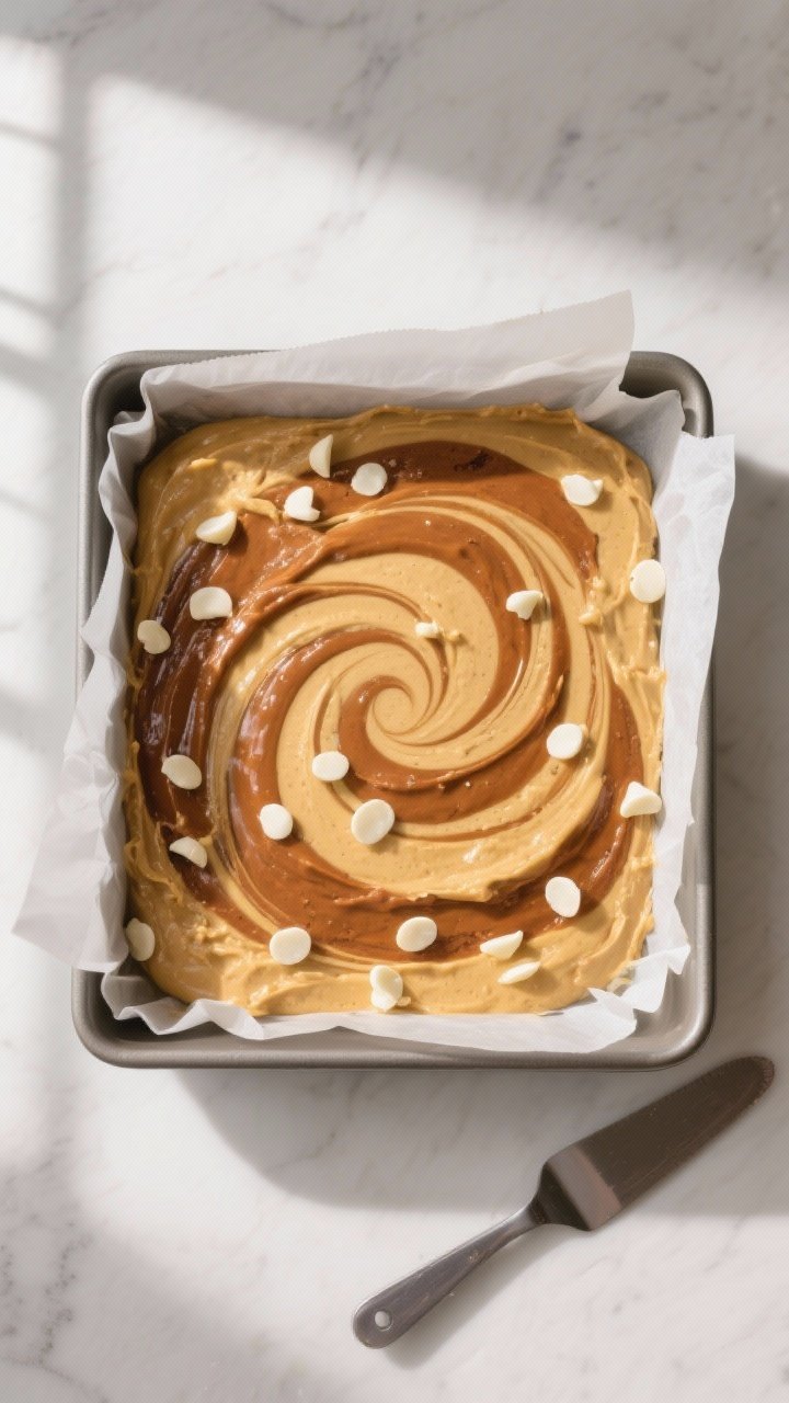 Tasty top view (process): Overhead shot of an 8x8-inch pan lined with parchment, showing the batter 