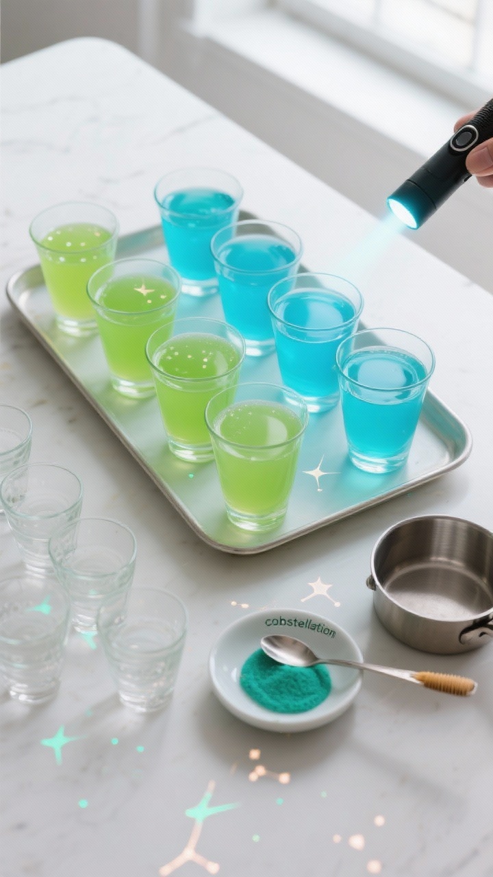 Tasty top view process shot: Overhead of a tray lined with neatly arranged 2-oz cups being filled wi