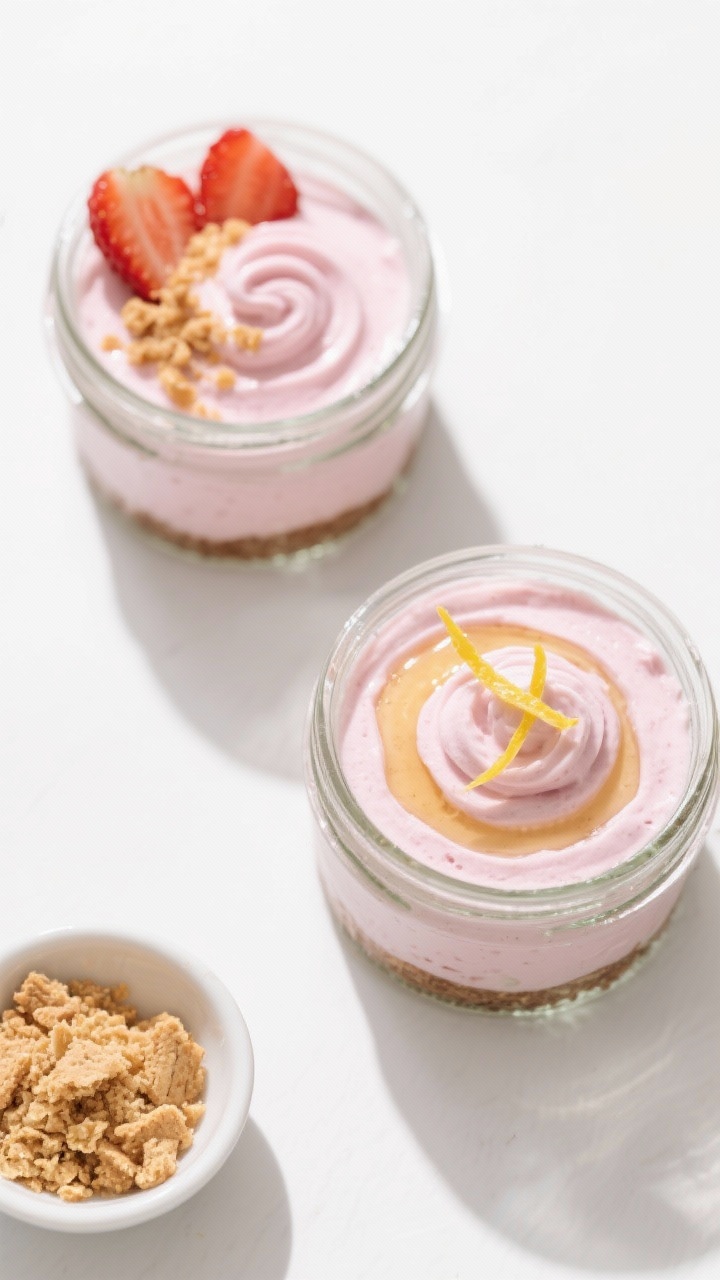 Tasty top view: Strawberry Cheesecake variation served in two small glass jars for meal prep; overhe