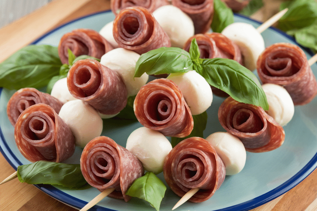 Salami Rose and Mozzarella Skewers