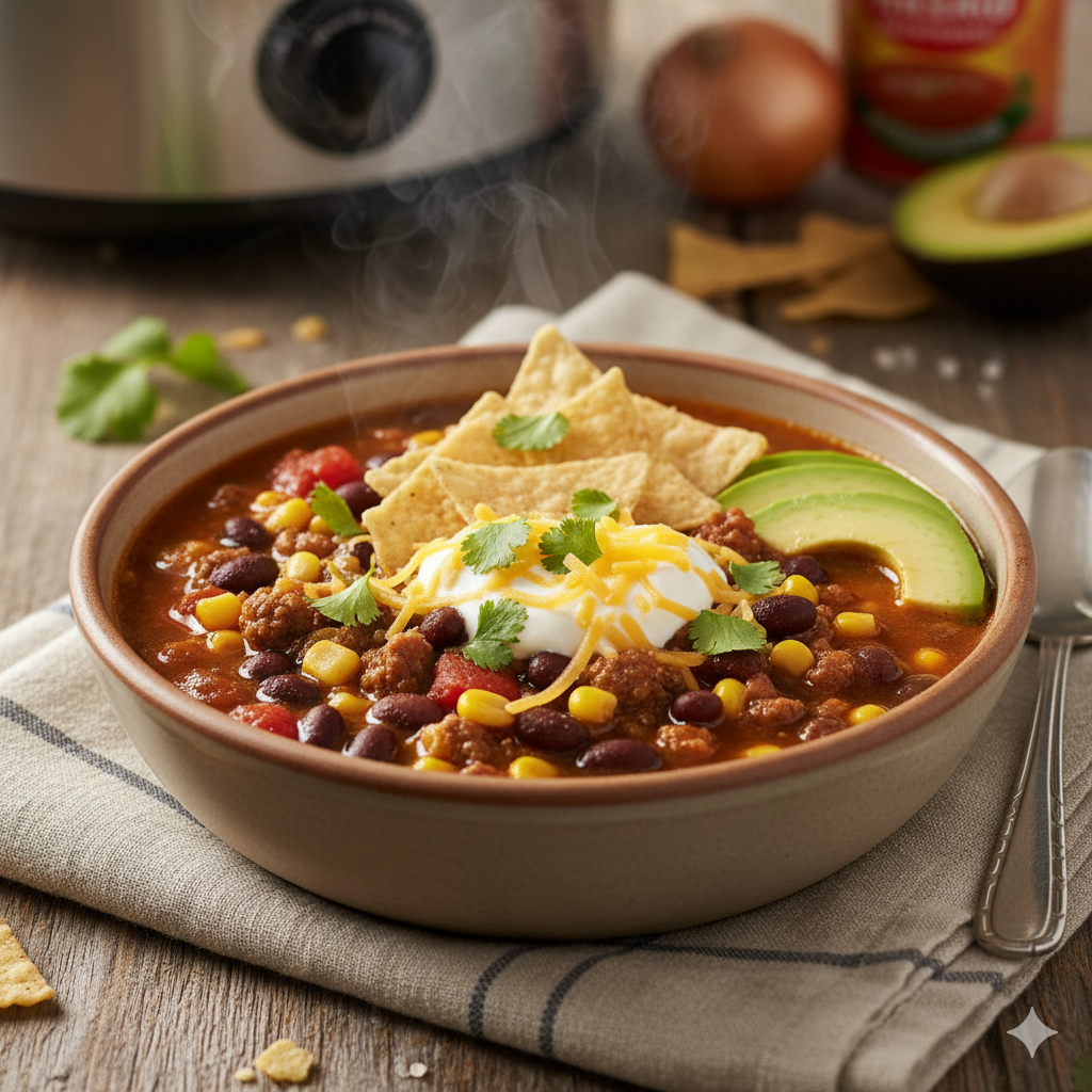 Slow Cooker Taco Soup with Black Beans & Corn