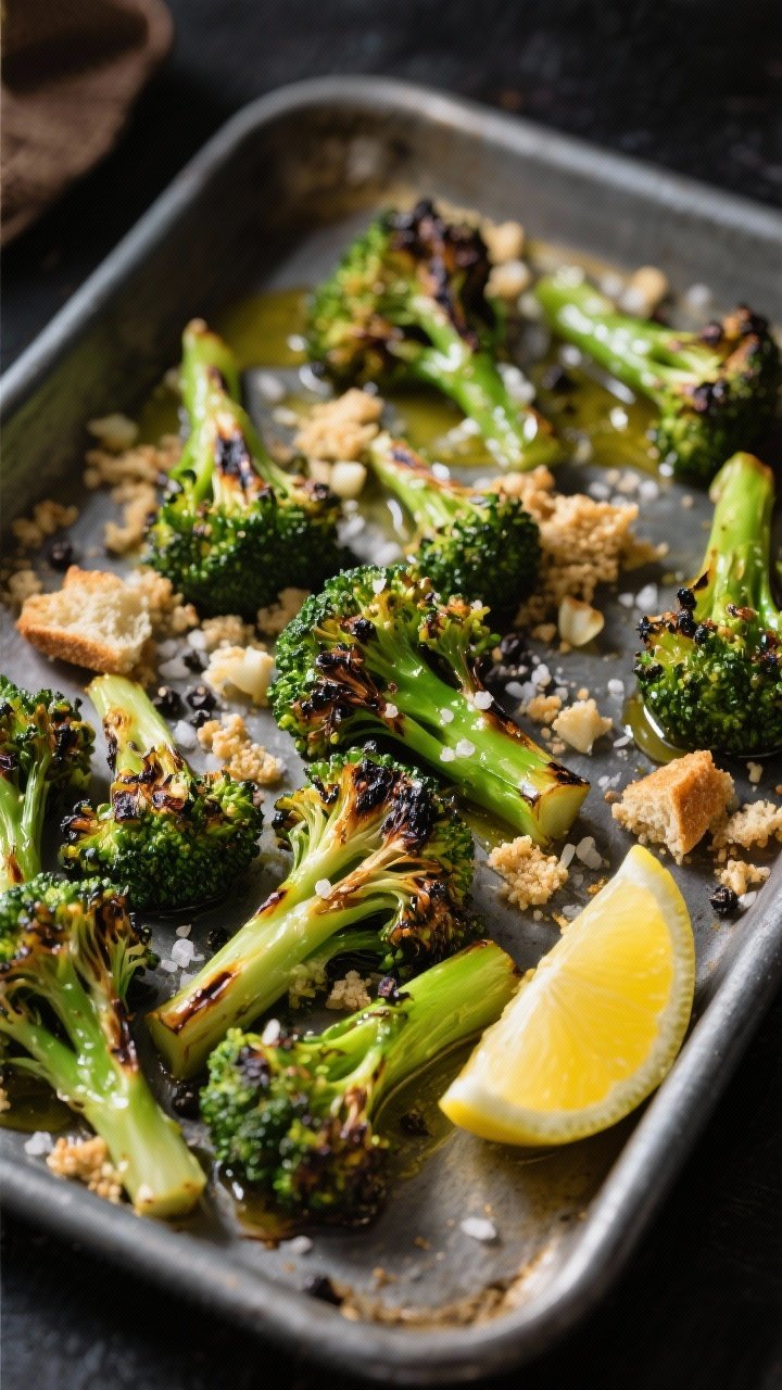 45-degree action-style frame of charred broccolini on a sheet pan: broccolini with blistered florets and smoky edges, sheen of olive oil and specks of kosher salt and black pepper; a shower of lemon-garlic fresh breadcrumbs (from crusty bread) scattered over the top, lemon wedge in the corner, bright green against dark metal.