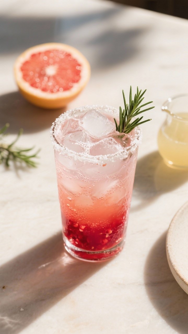 8 Thanksgiving Signature Cocktails That’ll Steal the Dinner Conversation 6 45-degree angle action shot of a Pomegranate Rosemary Paloma: highball glass with crushed ice, layered hues of ruby pomegranate and blush grapefruit, topped with lively club soda fizz; rim lightly salted, a small rosemary sprig tucked in and another sprig on the table; fresh grapefruit half and a small pitcher of agave syrup nearby; bright, sunlit setup with clean shadows for tart, juicy drama.