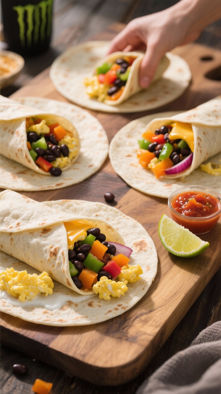 45-degree angle action-style wrap board: monster mash breakfast burritos being assembled on flour tortillas—soft scrambled eggs with milk, black beans, diced orange and green bell peppers, red onion, and melted cheddar; some burritos cut open to show the colorful “monster” filling, lime wedge and salsa side props, warm morning light.