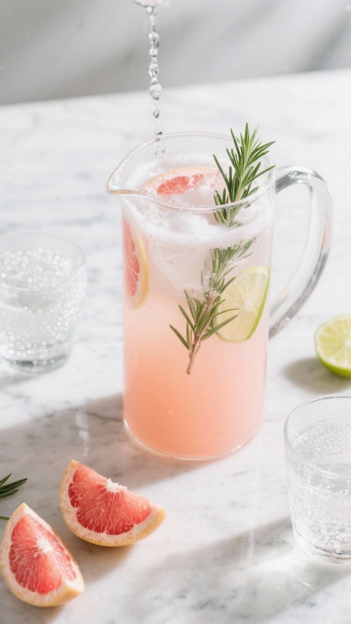8 Thanksgiving Punch With Alcohol You’ll Want to Sip All Weekend 6 45-degree angle, airy scene of rosemary grapefruit gin fizz punch: pale pink fresh grapefruit juice and gin in a tall pitcher, balanced with simple syrup and fresh lime juice, topped with chilled dry sparkling wine for a fine mousse. Long rosemary sprigs submerged and as garnish; thin grapefruit half-moons along the glass. Minimalist marble surface, cool daylight, elegant highballs nearby with delicate bubbles, crisp, herbaceous freshness.