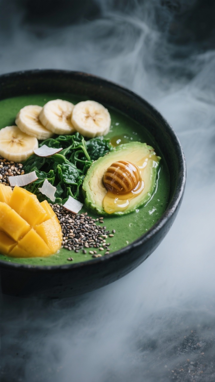 45-degree angle bowl shot of witches’ brew green smoothie bowls: thick, velvety blend of spinach/kale, frozen bananas, mango, half avocado, coconut milk, vanilla; topped artfully with chia seeds, sliced banana moons, coconut flakes, and a drizzle of honey; deep emerald tones against a charcoal bowl, foggy cool light for a mystical vibe.