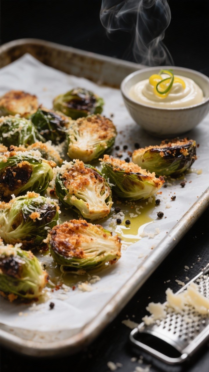 45-degree angle close-up of crispy parmesan-crusted Brussels sprouts on a parchment-lined sheet pan, edges deeply caramelized and blistered; seasoning of olive oil, kosher salt, black pepper, and smoked paprika visible on the charred leaves; a small bowl of creamy lemon aioli with zest curls and a microplane grater nearby; sprinkle of finely grated Parmesan over the hot sprouts, steam subtly rising, moody dark background for contrast.