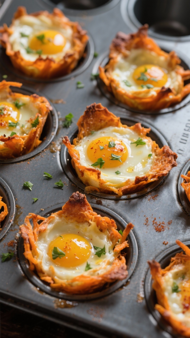 45-degree angle muffin tin of savory “cauldron” egg cups: shredded sweet potato nests baked crisp at the edges, filled with just-set baked eggs, cheese melted (cheddar/gruyere/mozzarella) with a hint of smoked paprika; a few nests garnished with chopped herbs, olive oil sheen visible, dark metal tin for contrast.