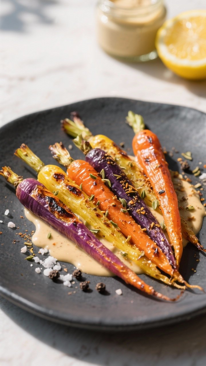 45-degree angle of roasted rainbow carrots on a matte charcoal platter: peeled, trim-topped carrots in vivid orange, yellow, and purple, blistered edges from roasting, dusted with ground cumin and coriander, finished with a silky tahini–citrus drizzle pooling on the plate; sprinkle of kosher salt and cracked black pepper, lemon half and tahini jar in background blur, bright, sunlit mood.