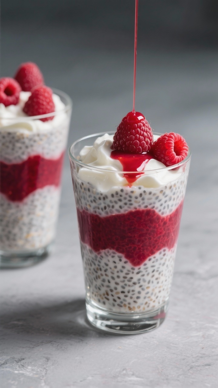 45-degree angle parfait glasses of bloody berry chia pudding: chia seeds bloomed in almond/coconut milk with vanilla and maple, layered with vivid raspberry coulis (raspberries, lemon juice, touch of sugar) bleeding into the pudding; dollops of yogurt on top, fresh raspberries and a thin raspberry drip down the glass, cool gray background.