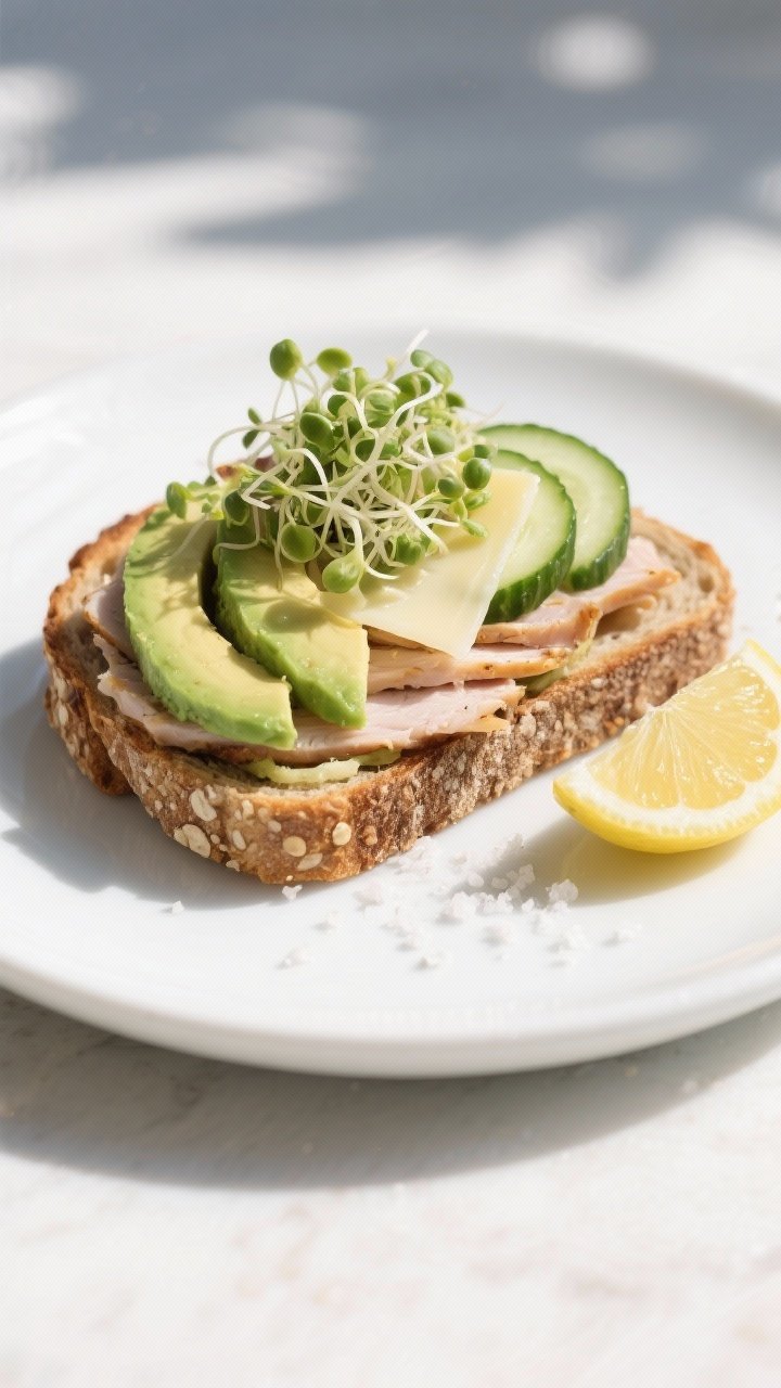 45-degree angle plated portrait of a California-style turkey, avocado, and sprout stack on multigrain bread, lightly toasted: thin roasted turkey (3–4 oz), fanned half-ripe avocado slices, a tuft of alfalfa or broccoli sprouts, two cool cucumber slices, and a single slice of Swiss (optional) melting slightly; set on a white plate with a lemon wedge and sea salt sprinkle, bright airy styling, West Coast fresh vibe.