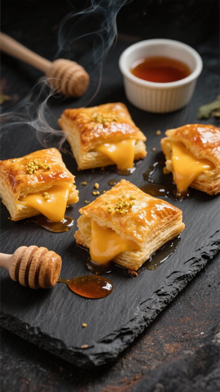 10 Halloween Appetizers for Party Adults That Bring Spooky-chic Flavor 2 45-degree angle plated shot of Graveyard Gouda Puff Pastry Bites: golden, flaky puff pastry squares filled with melted smoked gouda and a swipe of Dijon, brushed with shiny egg wash, drizzled with hot honey (honey + hot sauce) pooling slightly; styled on a charcoal board with a small ramekin of hot honey and a pastry brush nearby, steam hint visible, crisp edges emphasized.