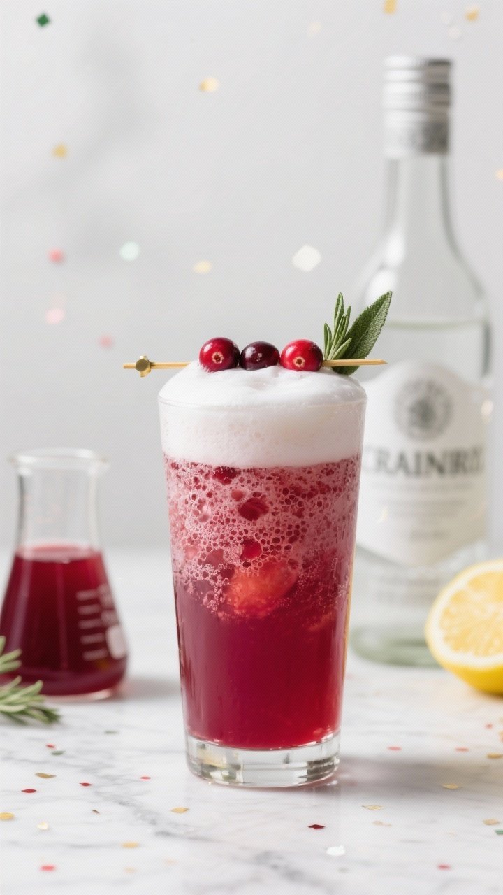 8 Thanksgiving Signature Cocktails That’ll Steal the Dinner Conversation 2 45-degree angle shot of a Cranberry Sage Gin Fizz in a tall Collins glass: frothy egg-white (or aquafaba) cap towering above a jewel-toned cranberry body, fine bubbles from club soda; garnished with a skewered trio of fresh cranberries and a small sage leaf; ingredients staged behind: gin bottle silhouette, unsweetened cranberry juice, sage simple syrup in a small beaker, lemon half; clean marble surface, crisp high-key lighting for a festive, confetti-like holiday mood.