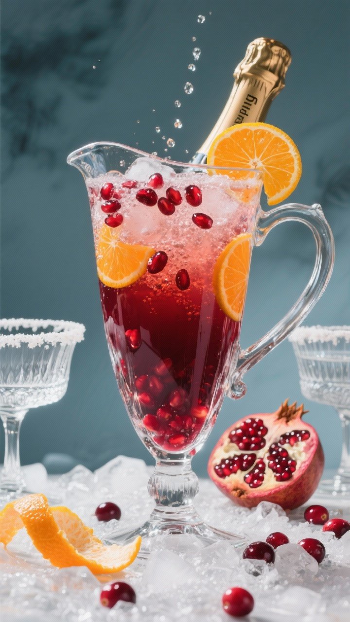 8 Thanksgiving Punch With Alcohol You’ll Want to Sip All Weekend 2 45-degree angle shot of a sparkling cranberry-orange vodka punch in a tall crystal pitcher: deep ruby cranberry juice base with pomegranate arils “bling” suspended, vodka and orange liqueur integrated, fresh orange juice for glow, topped with a chilled dry prosecco fizz. Thin orange wheels and cranberries drift near the surface; fluted coupes nearby with sugared rims. Cool-toned backdrop with crushed ice, a halved pomegranate, and orange peels. Bright, festive, high-contrast sparkle.