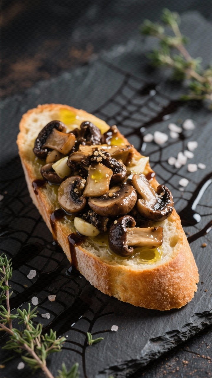10 Halloween Appetizers for Party Adults That Bring Spooky-chic Flavor 5 45-degree angle shot of Midnight Mushroom Crostini: toasted baguette rounds brushed with olive oil, topped with a glossy mix of sautéed cremini, shiitake, and oyster mushrooms cooked in butter and garlic; finished with a drizzle of truffle oil and a delicate balsamic reduction “spiderweb” pattern; served on a dark slate with scattered thyme leaves and sea salt flakes, rich umami sheen.