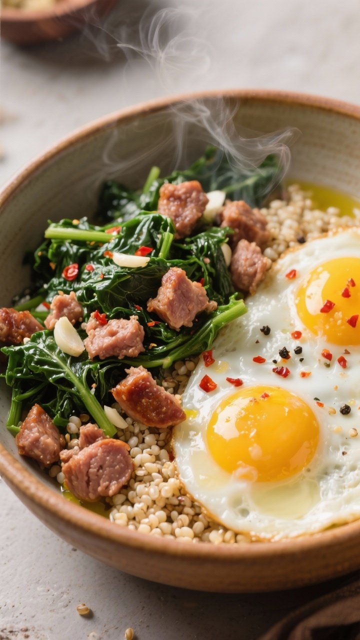 45-degree bowl presentation: Spicy turkey sausage breakfast bowl with garlicky greens—fluffy quinoa base (cooked in broth) piled with crumbled turkey sausage, sautéed kale wilted with minced garlic, and two eggs sunny-side-up with runny yolks. A sprinkle of red pepper flakes, black pepper, and a light olive oil sheen. Served in a wide ceramic bowl with warm, earthy tones; steam rising, textures from pearly quinoa to crisped sausage edges, mood is hearty and energizing.