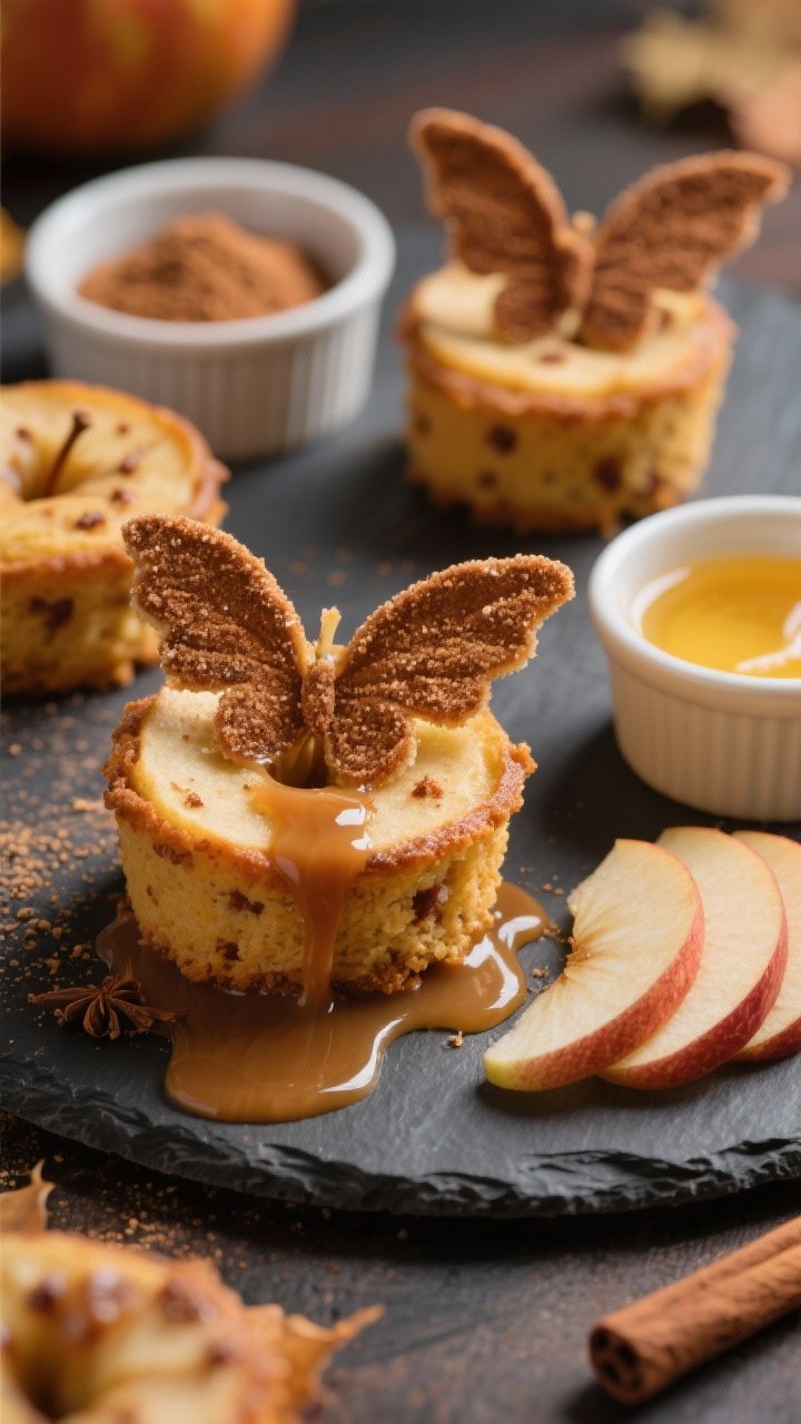 13 Creative Butterfly Cake Ideas to Spark Your Baking Passion 11 45-degree close-up of salted caramel apple butterfly cakelets: individual golden cakes with visible cinnamon and nutmeg specks, crowned with cinnamon-sugar “wings,” warm salted caramel pooling and dripping; thin apple slices fanned on the plate; show brown sugar and melted butter in small ramekins; cozy autumn lighting on a slate board.