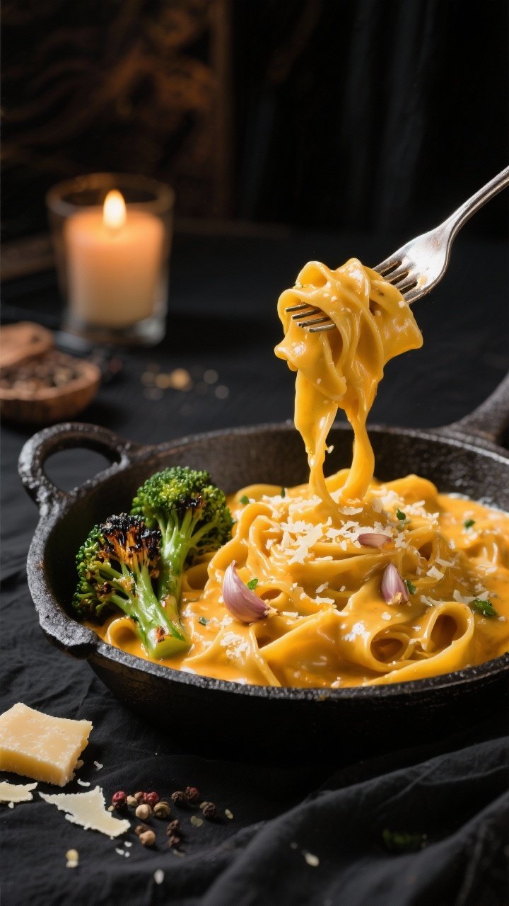 45-degree close-up of Witch’s Cauldron pumpkin Alfredo: silky ribbons of pappardelle coated in a golden pumpkin purée and heavy cream sauce, glossy from butter, speckled with minced garlic and showered with grated Parmesan. Twirl of pasta perched on a fork above a cast-iron “cauldron” skillet, charred broccolini arranged alongside for contrast. Warm candlelit ambiance, black linen, parmesan shavings and cracked pepper on the table.