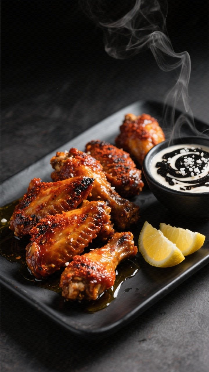 10 Halloween Appetizers for Party Adults That Bring Spooky-chic Flavor 8 45-degree dynamic platter shot of Smoky Bat Wings (Harissa Chicken): deeply lacquered, char-edged wings coated in harissa with smoked paprika and black pepper, glistening with olive oil; served with a bowl of black garlic yogurt (inky flecks and creamy swirl), sprinkled with flaky salt; presented on a matte black tray with lemon wedges and a faint wisp of steam, dramatic side lighting for texture.