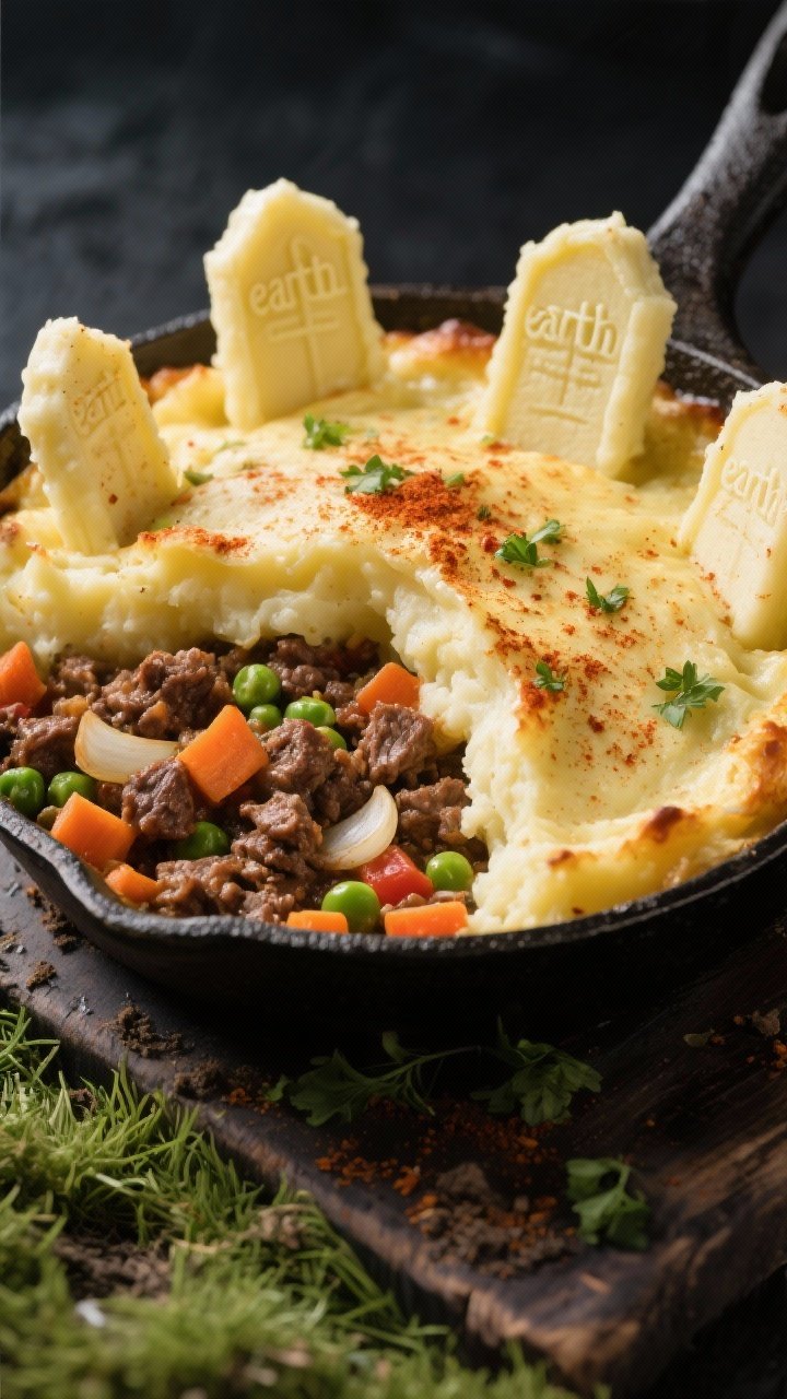 45-degree hero shot of Graveyard shepherd’s pie: a cast-iron skillet filled with savory ground lamb/beef mixture with onion, garlic, diced carrots, peas, tomato paste, Worcestershire, and rich beef stock, topped with golden-brown mashed potatoes. Piped or cut mashed potato tombstones standing upright, dusted with paprika “earth,” parsley crumbs as “grass,” edges bubbling.