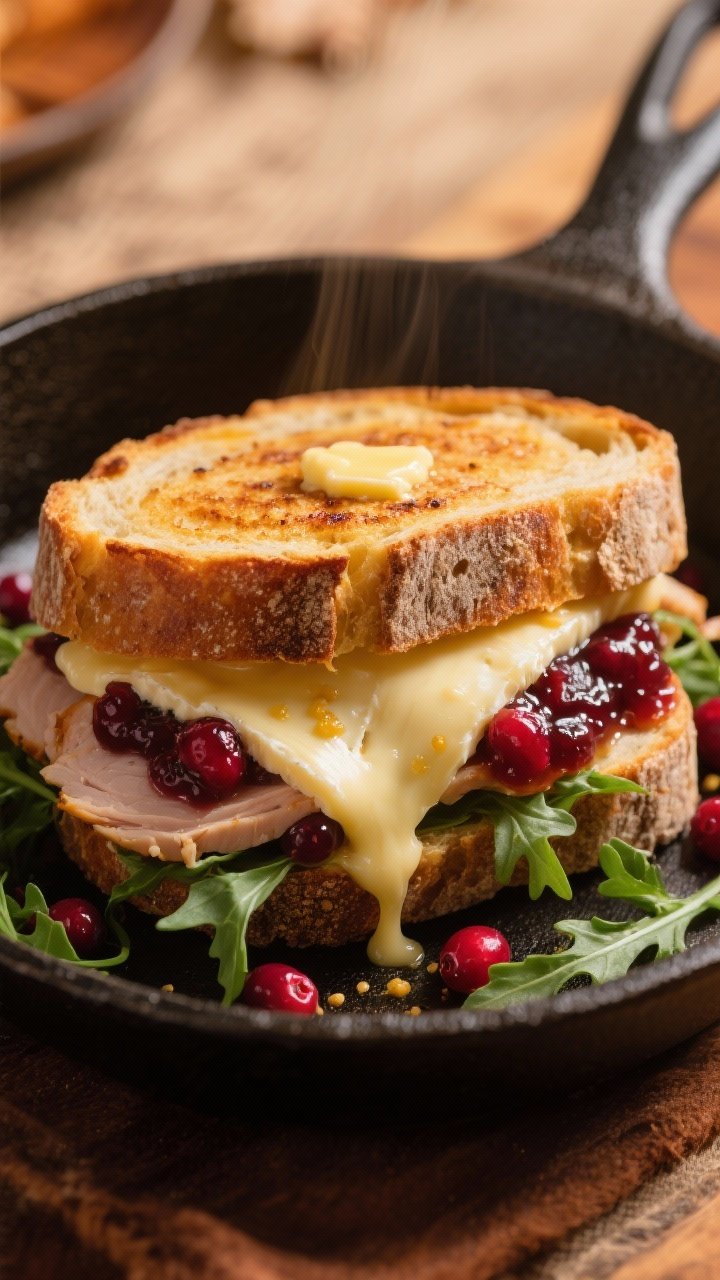 45-degree melty action shot of a Thanksgiving-anytime turkey, cranberry, and Brie melt: rustic country bread brushed with softened butter griddled golden, layered with roasted/deli turkey (3–4 oz), 2–3 oz oozy Brie, whole-berry cranberry sauce glistening like jewels, peppery baby arugula, and a swipe of Dijon; cheese stretching slightly, set on a cast-iron skillet with warm tones, cozy holiday mood.