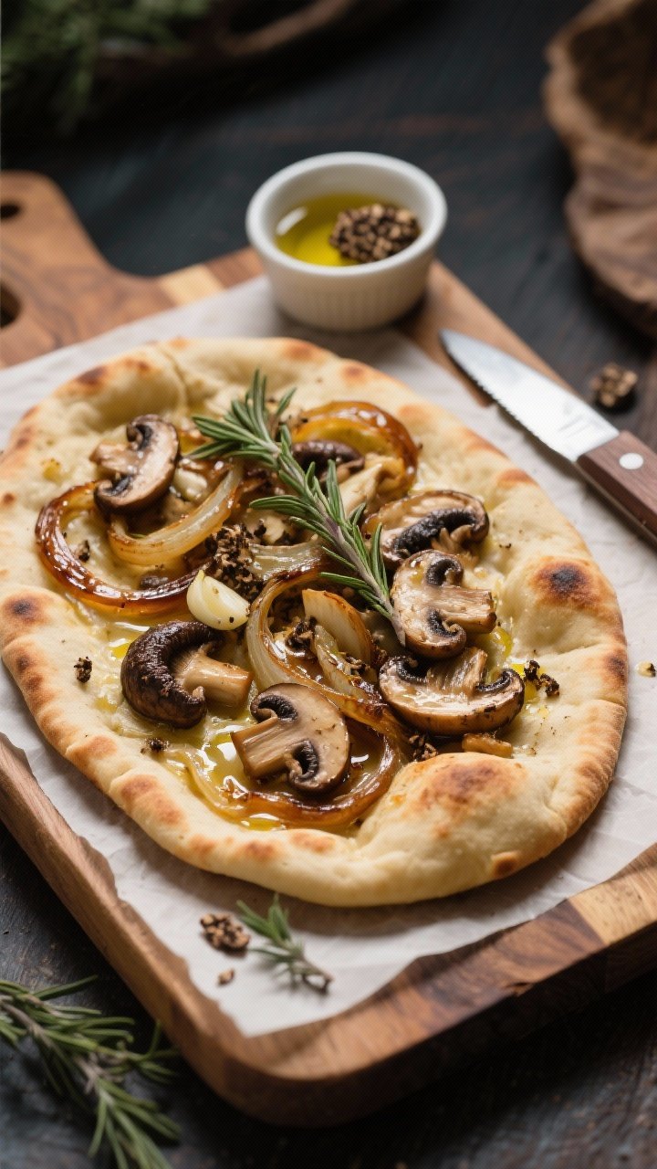 45-degree overhead-leaning shot of Haunted Forest flatbreads: oval naan topped with a layer of caramelized onions, a medley of sliced cremini, shiitake, and oyster mushrooms sautéed with garlic, brushed olive oil for sheen, and a delicate truffle drizzle. Garnish with thyme leaves, edges blistered and crisp, set on a parchment-lined wooden board with a small ramekin of truffle oil and a knife nearby.