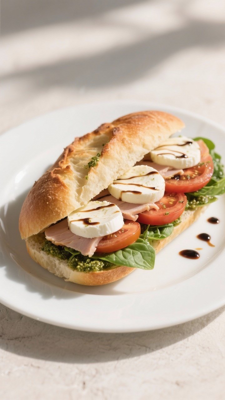 45-degree plated caprese-style turkey ciabatta: split toasted ciabatta with basil pesto (2 tbsp) spread, layered with sliced turkey (4 oz), three rounds of fresh mozzarella, 2–3 tomato slices, handful of baby spinach or basil leaves, and a delicate balsamic glaze drizzle (1 tsp) creating glossy ribbons; served on a simple white plate, soft daylight, Italian summer freshness.