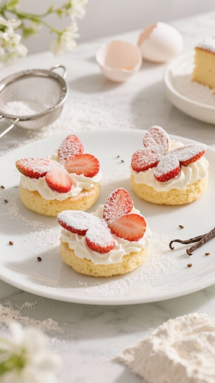 13 Creative Butterfly Cake Ideas to Spark Your Baking Passion 5 45-degree plated mini strawberry shortcake butterfly cakes: airy sponge rounds filled with billowy whipped cream clouds and sliced fresh strawberries, tops cut into butterfly “wings” dusted with powdered sugar; visible vanilla seeds in cream; include a wire sieve with powdered sugar, eggshells, and cake flour in frame; springtime mood, soft natural light.