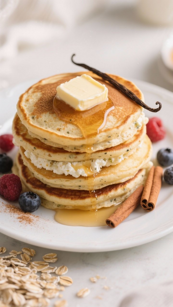45-degree plated stack: Cottage cheese pancake tower that looks like Sunday brunch—golden, tender pancakes made from low-fat cottage cheese, eggs, rolled oats, vanilla protein powder, baking powder, and cinnamon. Stacked high on a white ceramic plate, a pat of melting butter, drizzle of maple syrup, and a dusting of cinnamon; vanilla notes hinted with a vanilla bean in frame. Fresh berries scattered, syrup pooling at the base, soft morning light, shallow depth of field highlighting the fluffy, oat-flecked crumb.