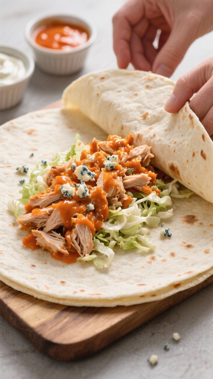 45-degree process shot of a Buffalo turkey crunch wrap just before folding: a large flour tortilla (10–12 inches) on a board with a mound of chopped turkey tossed in vivid orange buffalo sauce (2 tbsp), a nest of shredded cabbage/coleslaw mix dressed lightly with ranch (1 tbsp), and optional blue cheese crumbles sprinkled; tortilla edges visible for folding, small ramekins of buffalo and ranch nearby, dynamic, spicy feel.