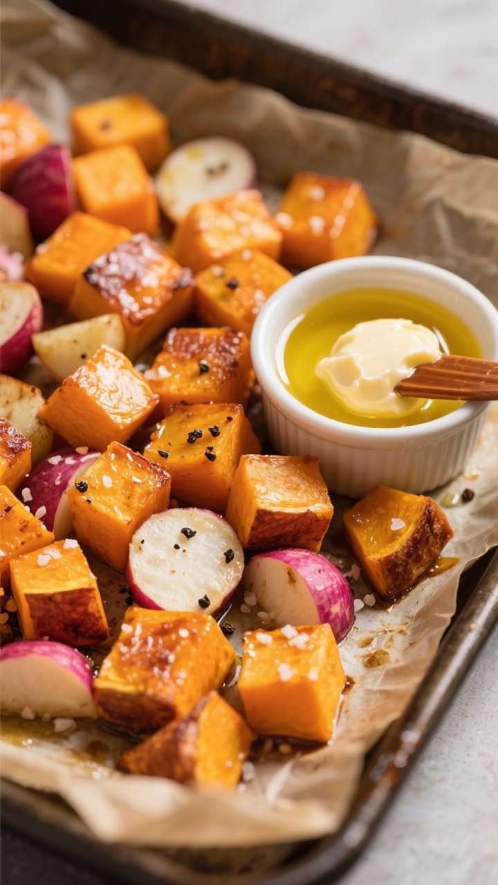 45-degree roasting-pan scene of a vibrant medley of butternut squash and turnip cubes (1/2–3/4-inch), edges caramelized and glistening from olive oil; speckled with kosher salt and black pepper; a small ramekin of glossy maple-Dijon butter melting in the corner, brushed onto a portion of the vegetables to show sheen; warm autumnal tones, subtle parchment wrinkles, and a light honeyed highlight.