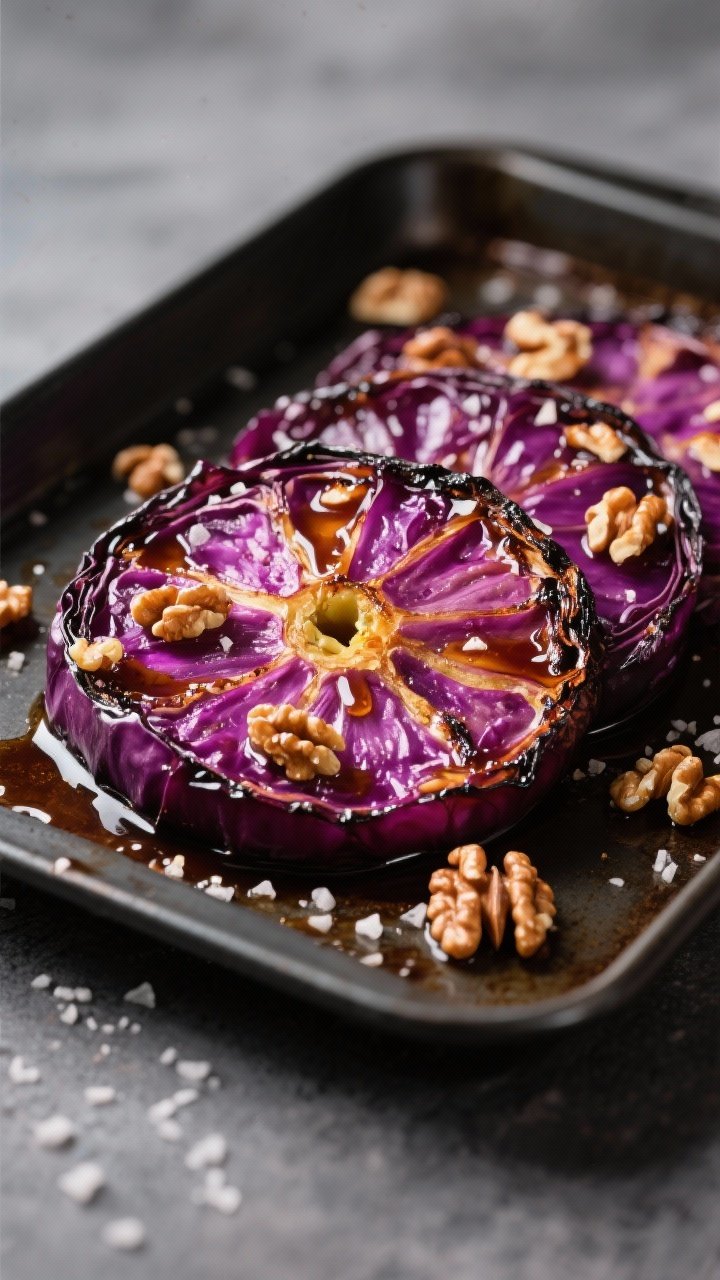 45-degree sheet-pan presentation of balsamic-roasted red cabbage steaks: thick 1-inch rounds with core intact, edges charred, cross-sections glowing magenta; lacquered with a balsamic, maple syrup, Dijon, and olive oil glaze; sprinkled with crunchy chopped walnuts and flaky salt, dramatic contrast on dark tray.