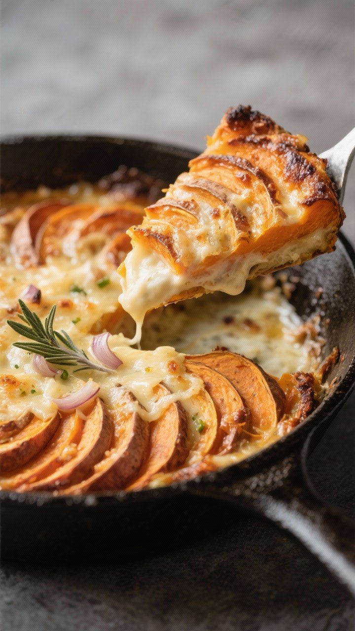 45-degree slice-and-pan shot of sweet potato gratin: tightly shingled 1/8-inch sweet potato rounds baked in a cream bath, edges browned and bubbling; layers oozing with Gruyère, flecks of sautéed shallot and sage peeking between slices; served in a cast-iron skillet, one wedge lifted to show creamy interior.