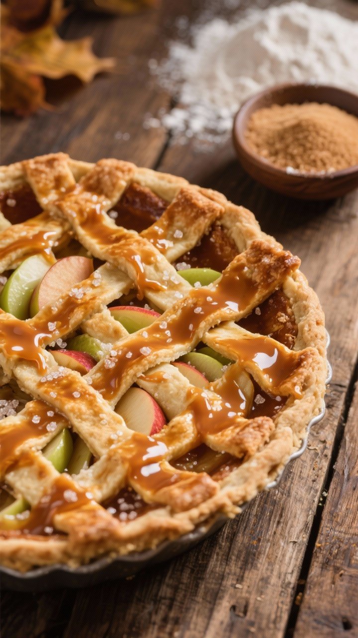 A 45-degree angle shot of a deep-dish caramel apple pie with a glossy caramel drizzle and a perfectly browned, buttery lattice crust. Visible slices of Honeycrisp and Granny Smith apples peeking through, sugar crystals on the lattice, flaky edges from chilled pie crust. Set on a rustic wooden table with a small bowl of granulated and light brown sugar and a dusting of flour in the background, warm autumn lighting, shallow depth of field.