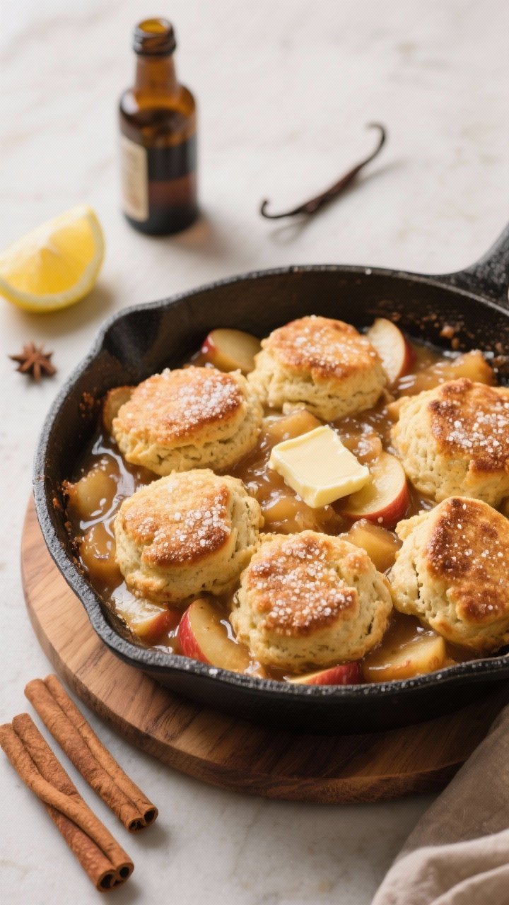 A 45-degree angle shot of a skillet apple cobbler with cinnamon drop biscuits: rustic biscuits browned on top with sugar sparkle, nestled over glossy apple filling thickened with cornstarch, butter pats melted into the juices. A hint of nutmeg, cinnamon sticks nearby, lemon wedge and vanilla bottle in the background. Served hot in a black cast-iron skillet on a wooden trivet.