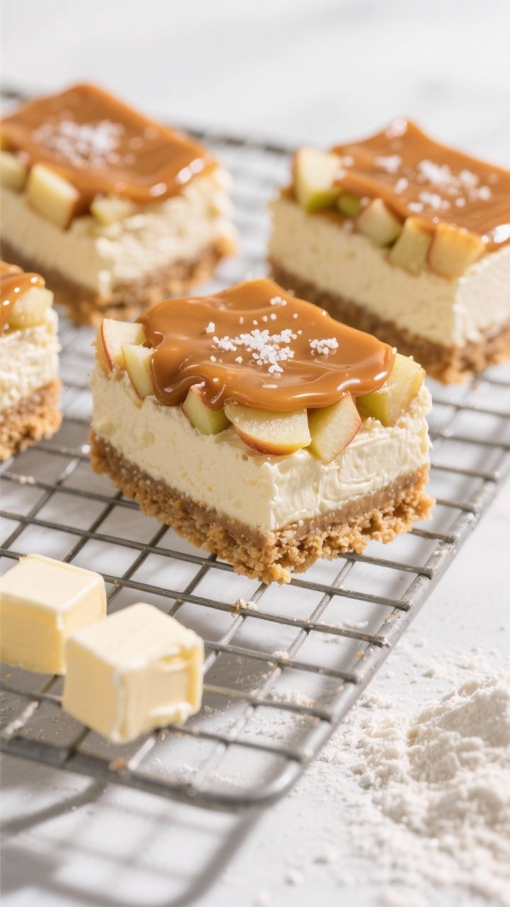A 45-degree angle shot of salted caramel apple cheesecake bars on a cooling rack: neat squares with a crunchy shortbread base, creamy cheesecake layer, finely chopped apple layer, and a glossy salted caramel drizzle with flaky sea salt. Ingredients styled around: cubed cold butter, flour, sugar, and softened cream cheese. Clean, modern backdrop with crisp shadows.