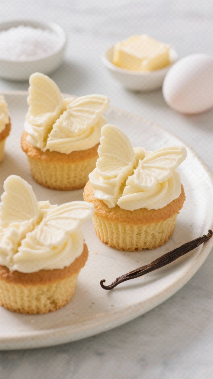 13 Creative Butterfly Cake Ideas to Spark Your Baking Passion 1 A 45-degree close-up of classic vanilla butterfly cupcakes on a pale ceramic platter: golden sponge domes with the tops cut and reassembled as “wings,” filled with pale vanilla buttercream, delicate crumb texture visible; ingredients hinted in scene with a small bowl of granulated sugar, a split vanilla pod, softened butter, and eggs at room temperature; soft daylight, shallow depth of field, minimal pastel backdrop.