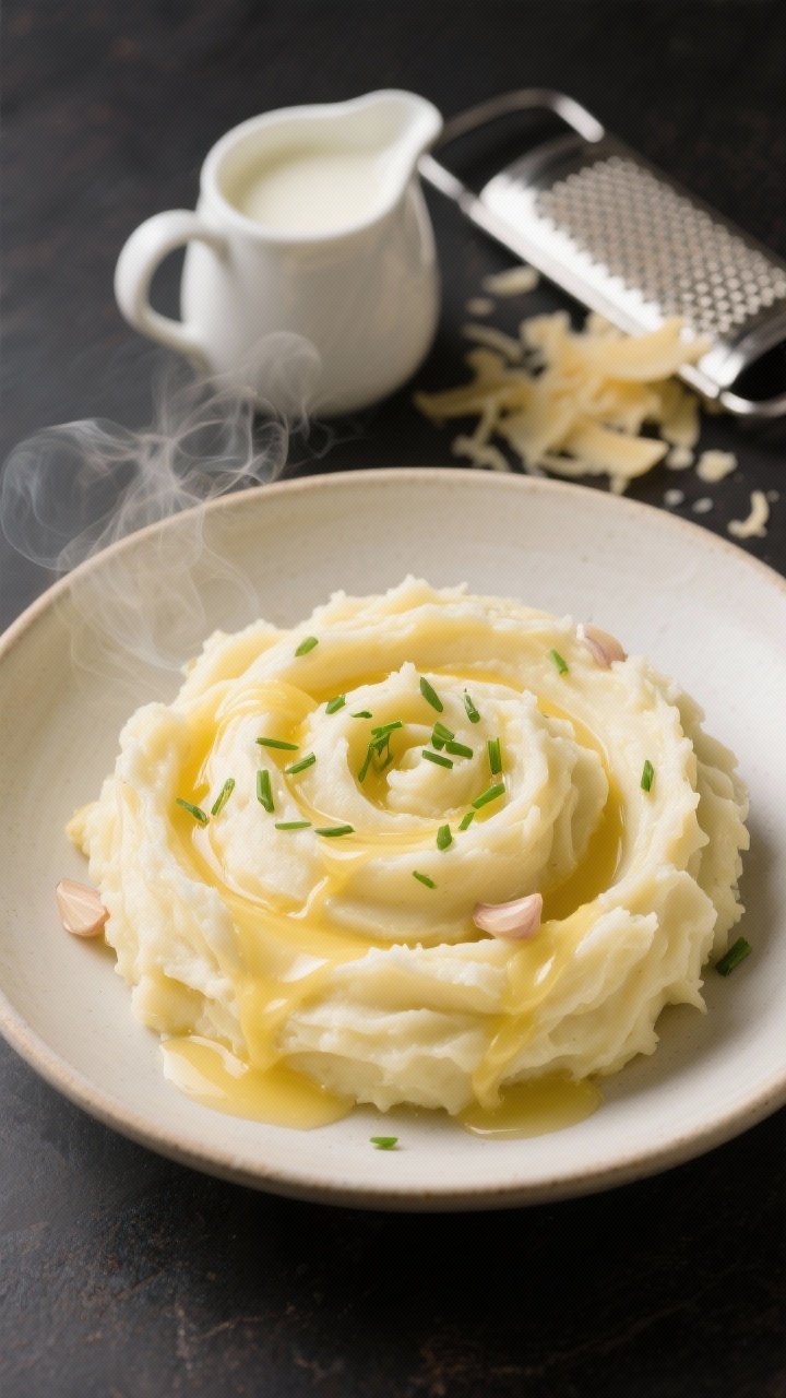 15 Thanksgiving Recipes That Wow Guests (from Appetizers to Pies) 4 A 45-degree plated shot of creamy Gruyère mashed potatoes swirled into a shallow bowl, ribbons of melted butter pooling, flecks of chives on top, with hints of garlic-infused cream; texture smooth yet plush from Yukon Golds, steam rising; a small pitcher of warmed heavy cream and a grater with Gruyère shavings in the background.