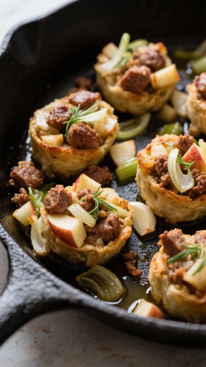 15 Thanksgiving Recipes That Wow Guests (from Appetizers to Pies) 9 A 45-degree skillet close-up of sausage, apple, and fennel stuffing bites scooped into rustic mounds: browned Italian sausage crumbles, translucent fennel and onion, celery and garlic mingling with diced Honeycrisp apple; caramelized bits along the edges; a drizzle of olive oil catching the light; presented in a black cast-iron skillet for contrast.